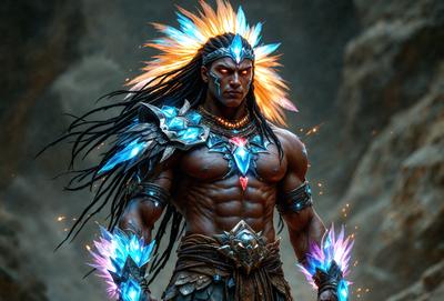 The primary subject of the image is a man wearing a colorful costume, featuring a mix of blue, yellow, and orange colors. He is standing in front of a rocky background, which adds to the overall atmosphere of the scene. The visual style of the image is a combination of digital art and illustration, creating a vibrant and dynamic appearance. The man's costume and the colorful background evoke a sense of fantasy and adventure.